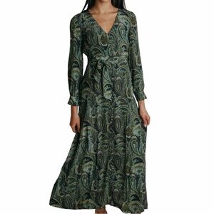 Laroque Paisley Boho Midi Dress Green Blue V-Neck Tie Waist Long Sleeve Lined S